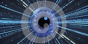 Close-up of a futuristic digital eye with binary code and data streams technology