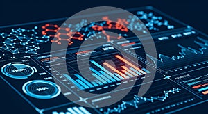 Futuristic digital data analysis screen with charts and graphs
