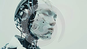 Close-up of a futuristic humanoid robot head with ai technology photo