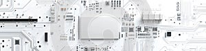 Close-up of a futuristic microchip on a clean white background with circuit elements photo