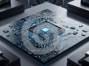 Close-up image of a futuristic artificial intelligence microchip, a complex network of interconnected circuitry.