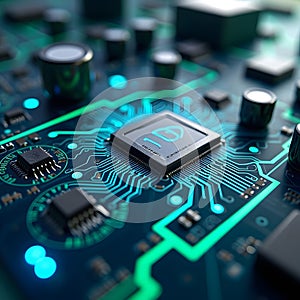 A futuristic AI generated close-up microchip glowing with neon circuits, showcasing advanced digital technology