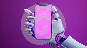 Close-up of Futuristic Robot hand holding smartphone with blank screen. Mobile cell phone with Blank display Space for