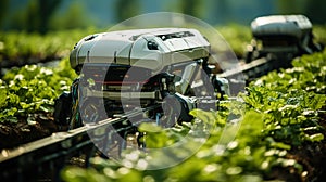 Close-up of a futuristic robotic harvesting system in a vegetable field. Concept of agriculture in the future.