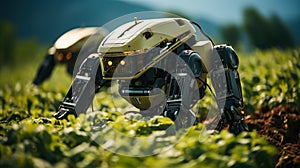 Close-up of a futuristic robotic harvesting system in a vegetable field. Concept of agriculture in the future