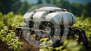 Close-up of a futuristic robotic harvesting system in a vegetable field. Concept of agriculture in the future.