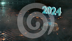 Close up, futuristic technical environment with hologram of number 2024. Technical concept for countdown to new year. Happy new