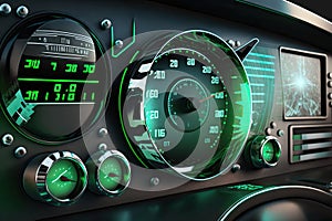 close-up of futuristic truck's dashboard, with rev counter and speedometer reading