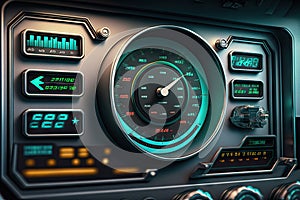 close-up of futuristic truck's dashboard, with rev counter and speedometer reading