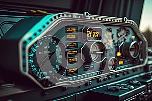 close-up of futuristic truck's dashboard, with rev counter and speedometer reading