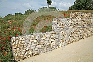 Close-up of a gabion retaining wall with wire mesh reinforcement