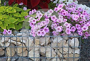 Close-up of a gabion support wall with wire mesh reinforcement topped with pebbles and tiles