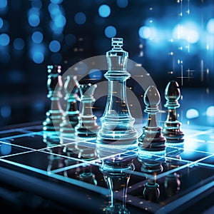 Close-up of a game of chess technology design display Business Management Performance and Financial Flows, strategy board game,