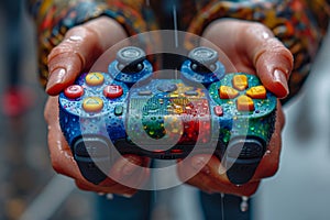 Close-up of a game joystick in human hands. Management concept
