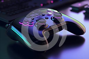 A close up of a gaming controller on abstract background