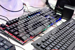 Close-up of gaming keyboards in the shop