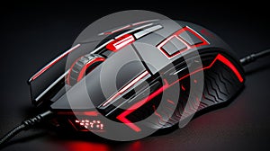 Close up of a gaming mouse on a desk with ample copy space, perfect for tech and gaming concepts