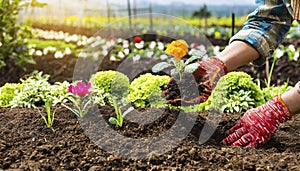 Close up of gardener hand planting young plant in fertile soil.