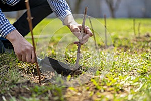 close up gardener plant grapes branch in the soil b