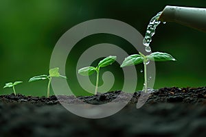 Close-up of gardener with a watering can watering young seedlings in soil outdoor.