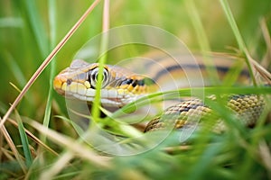 close-up of garter snake among green blades of grass