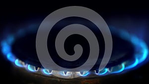 Close up of gas stove blue flame lit in a dark kitchen.