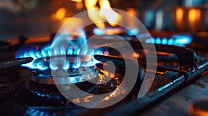 A close up of a gas stove with blue flames coming out, AI