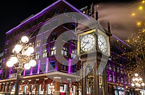 Close-up Gastown Steam Clock. Vancouver downtown beautiful street view at night. Canada.