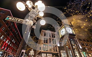 Close-up Gastown Steam Clock. Vancouver downtown beautiful street view at night. Canada.