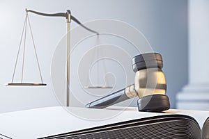 Close up of gavel, book and scales on light background. Law and jurisdiction concept. 3D Rendering