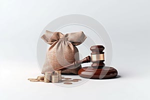 Close up of gavel and money bag wit stack of coins and money, business concept, invested management, with Generative Ai