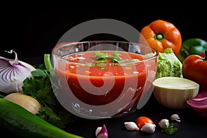 close-up of gazpacho, with ingredients visible and flavorsome