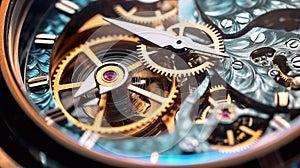 Close up of the gear mechanism inside the watch. Generative Ai