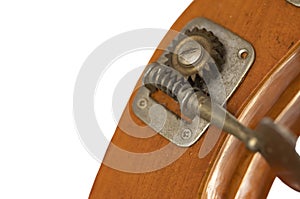 Close up of a gear and nut of a tuning peg of a double-bass