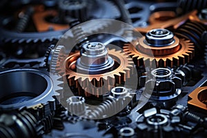 close-up of gears in machinery, overlaid with factory exterior