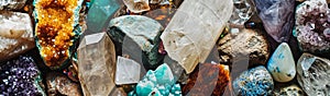 Close-up gemstones and crystals rough collection banner, including Amethyst, Quartz, Sodalite, Carnelian, Labradorite