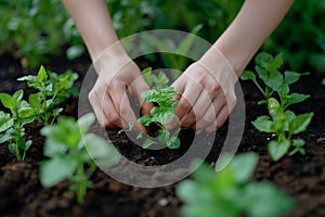 Close-up of Gen Z person& x27;s hands planting vegetable or culinary herb seedlings in urban community garden