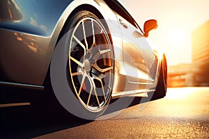 Close up on a generic and unbranded sport car in a city at sunset, ai generative illustration