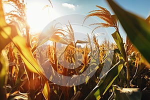 close-up of genetically modified crops, with the sun shining behind
