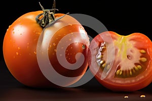 close-up of genetically modified tomato, with visible differences from its natural counterpart