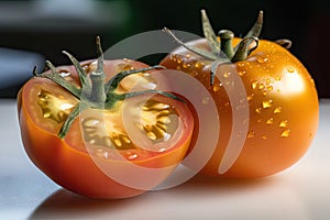 close-up of genetically modified tomato, with visible differences from its natural counterpart