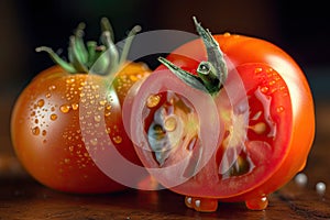 close-up of genetically modified tomato, with visible differences from its natural counterpart