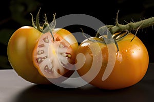 close-up of genetically modified tomato, with visible differences from its natural counterpart photo