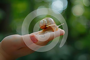 Close-up of a gentle child& x27;s hand holding a snail with a blurred green background
