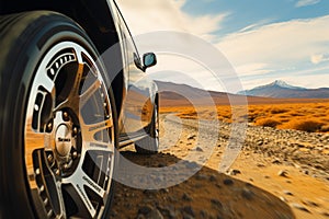 Close up on Georgian safaris wheels, journey through wild terrain