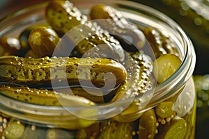 Close-up of gherkins in glass jar with brine and spices.