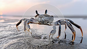 A close-up of a ghost crab (Ocypode sp.) on a sandy beach