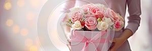Close up of gift box with pink bouquet on gift box in female hands. Banner or gift card for Happy Mother& x27;s Day