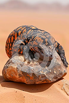 Close up of a Gila Monster Lizard Heloderma suspectum Basking on Desert Rock under the Sun photo