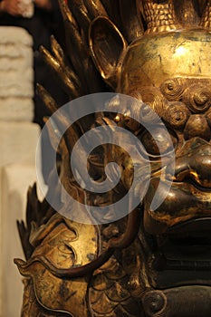 Close-up of a Gilded lion statue, Forbidden City, Beijing